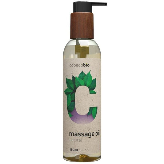 Frasco de COBECO BIO Óleo de Massagem Natural Vegano 150 ML com detalhe da textura do óleo.