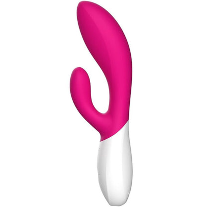 Vista detalhada do vibrador LELO INA WAVE 2 WaveMotion™ na cor cerise, destacando seu design ergonômico e texturas de silicone.