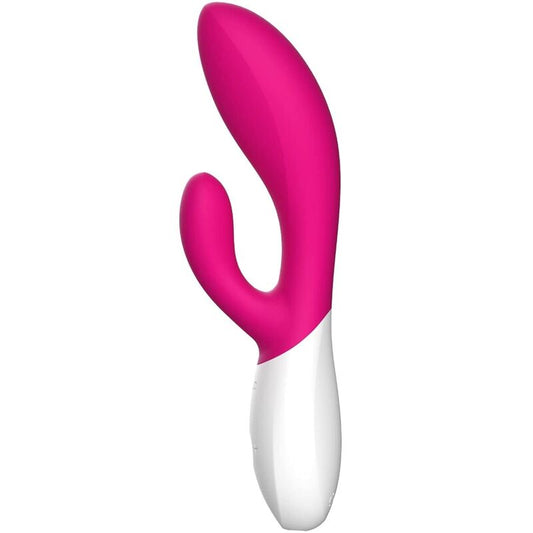 Vista detalhada do vibrador LELO INA WAVE 2 WaveMotion™ na cor cerise, destacando seu design ergonômico e texturas de silicone.