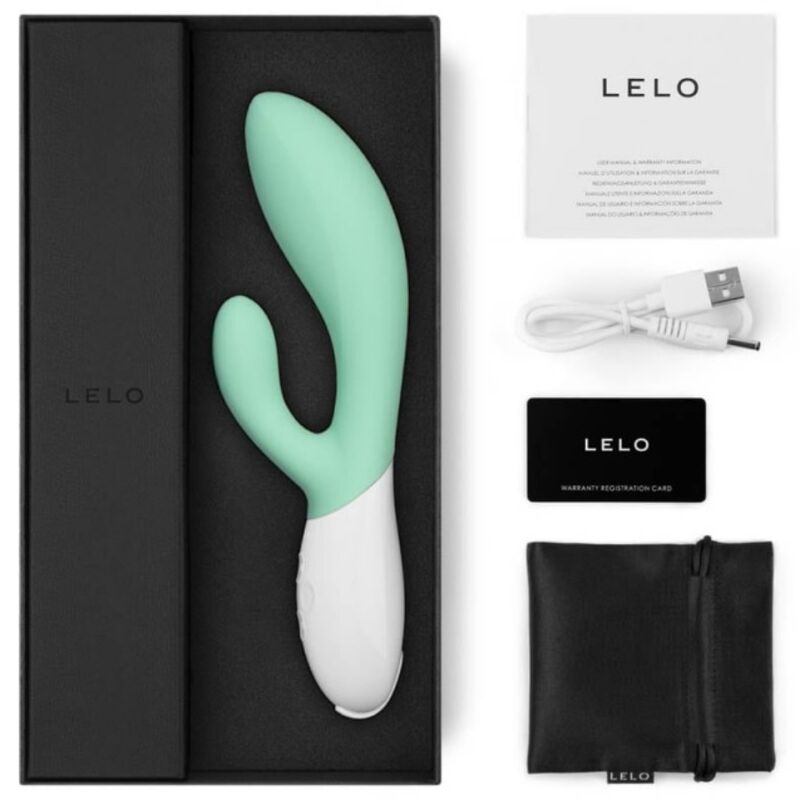 Close-up do LELO INA 3 Vibrador Coelho Verde Algas Marinhas, mostrando seu design ergonómico e silicone suave.