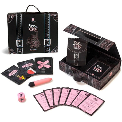 Kit de Viagem SECRETPLAY Sexo na Cidade com vibrador, dado e acessórios para casais.