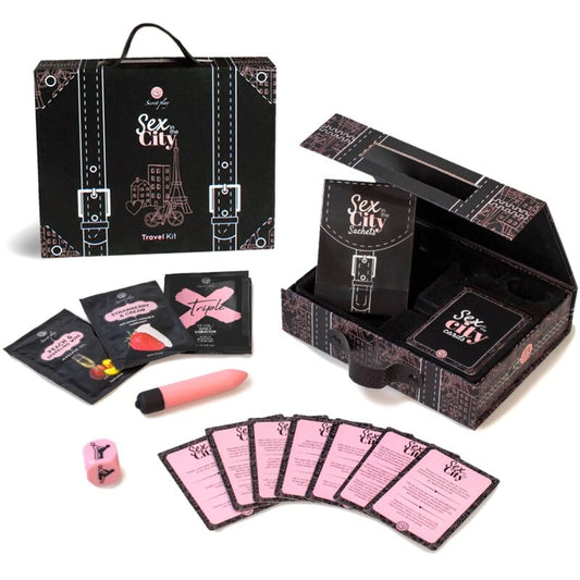 Kit de Viagem SECRETPLAY Sexo na Cidade com vibrador, dado e acessórios para casais.