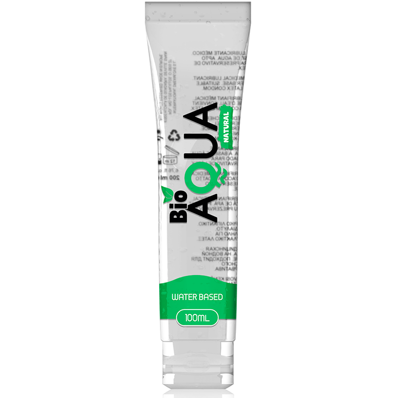 Close-up do lubrificante BIOAQUA Natural à Base de Água 100 ML, mostrando a embalagem e a sua textura.