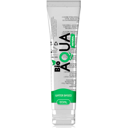 Close-up do lubrificante BIOAQUA Natural à Base de Água 100 ML, mostrando a embalagem e a sua textura.