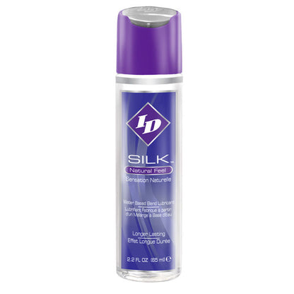 ID Lubrificante Híbrido Silicone/Água Silk Natural Feel 65 ML com detalhe da embalagem e textura