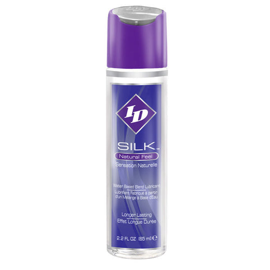 ID Lubrificante Híbrido Silicone/Água Silk Natural Feel 65 ML com detalhe da embalagem e textura