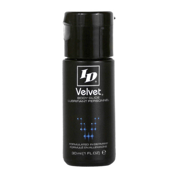 Imagem do ID Velvet Lubrificante Pessoal Silicone Premium 30 ML, detalhe da embalagem e textura.