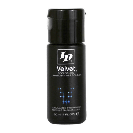 Imagem do ID Velvet Lubrificante Pessoal Silicone Premium 30 ML, detalhe da embalagem e textura.