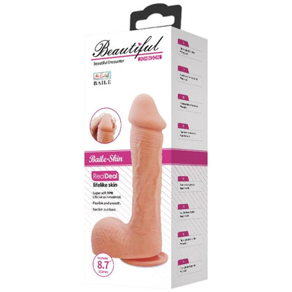Close-up do Dildo BAILE Pele Realista Johnson 22cm, mostrando sua textura detalhada e ventosa.