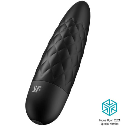 Satisfyer Mini Vibrador Bullet Ultra Power 5 Preto, mostrando seu design compacto e elegante.