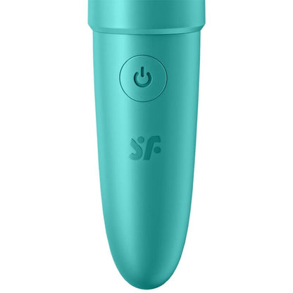 Close-up do Satisfyer Ultra Power Bullet 6 Mini Vibrador Potente Turquesa, destacando seu design compacto e material de silicone.