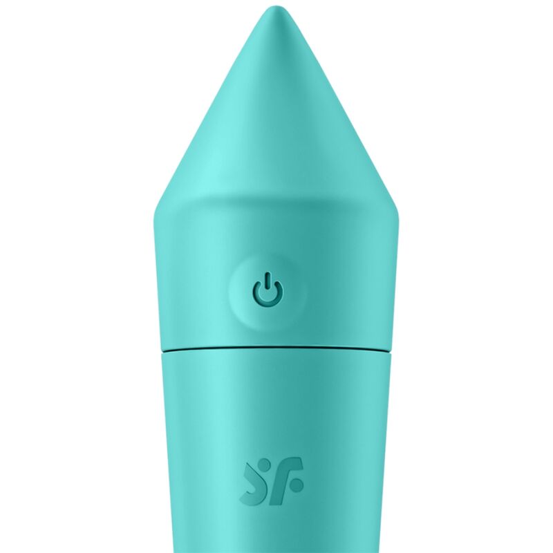 Close-up do vibrador Satisfyer Ultra Power Bullet 8 Turquesa, destacando seu design compacto e detalhes.