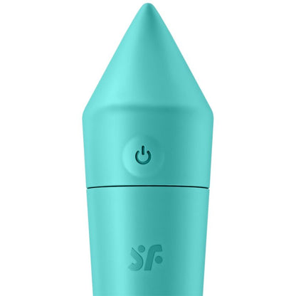 Close-up do vibrador Satisfyer Ultra Power Bullet 8 Turquesa, destacando seu design compacto e detalhes.