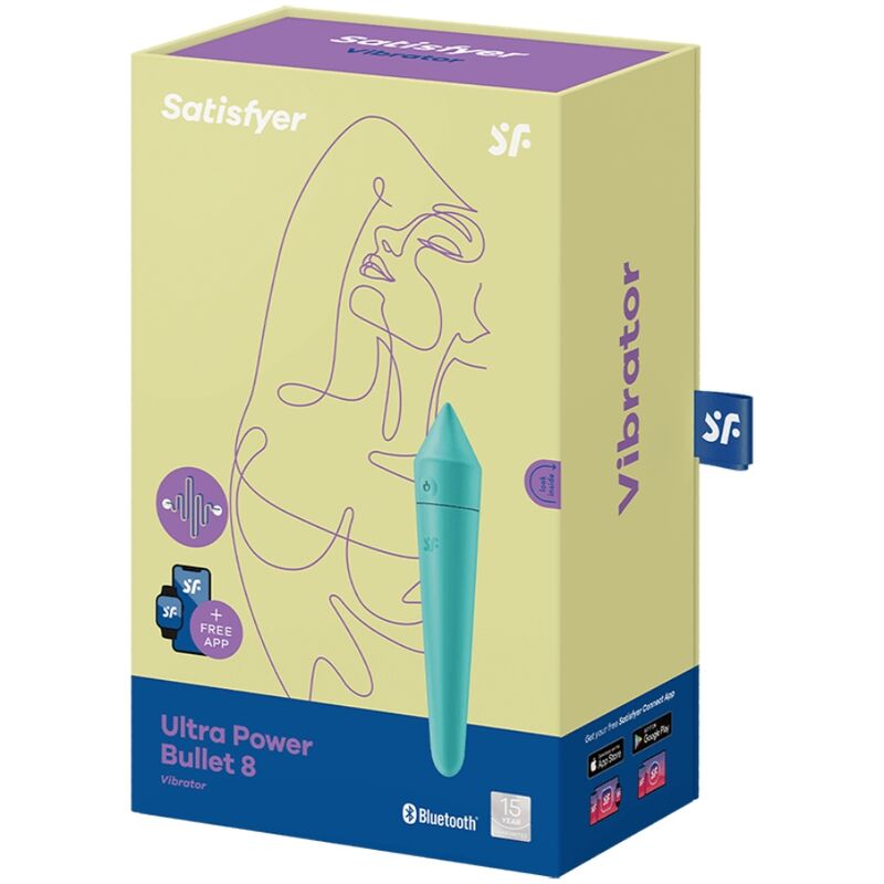 Close-up do vibrador Satisfyer Ultra Power Bullet 8 Turquesa, destacando seu design compacto e detalhes.