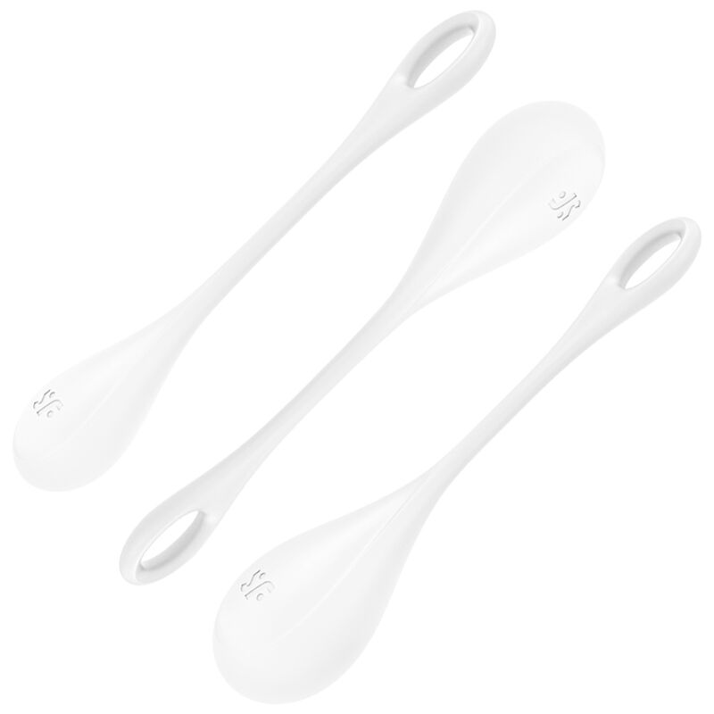 Conjunto de Treino Yoni Power 1 Satisfyer branco, com bolas Ben Wa para fortalecimento do assoalho pélvico.