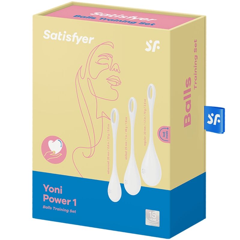 Conjunto de Treino Yoni Power 1 Satisfyer branco, com bolas Ben Wa para fortalecimento do assoalho pélvico.