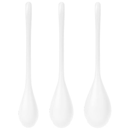 Conjunto de Treino Yoni Power 1 Satisfyer branco, com bolas Ben Wa para fortalecimento do assoalho pélvico.