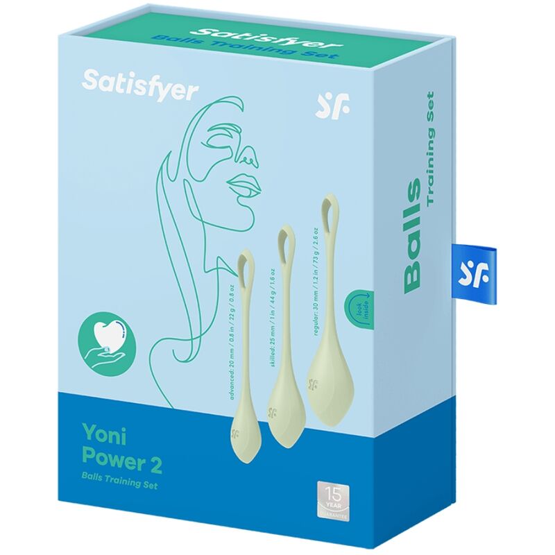 Close-up do conjunto Satisfyer Yoni Power 2 Verde, mostrando as três bolas de treino pélvico de silicone de grau médico.