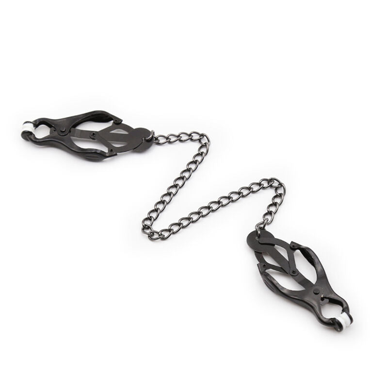 Close-up of the Ohmama Fetish Pinças para Mamilos com Corrente Preta showing its design and metallic finish.