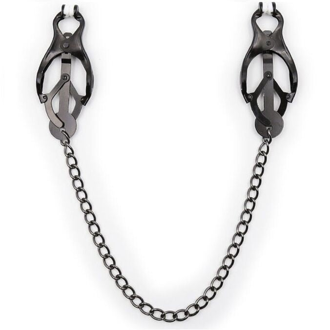 Close-up of the Ohmama Fetish Pinças para Mamilos com Corrente Preta showing its design and metallic finish.