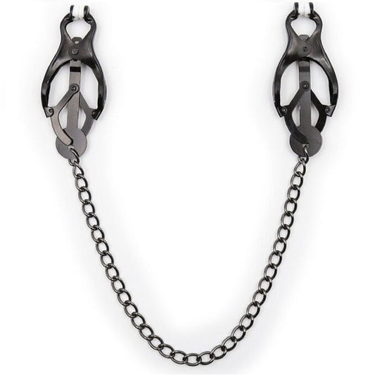 Close-up of the Ohmama Fetish Pinças para Mamilos com Corrente Preta showing its design and metallic finish.