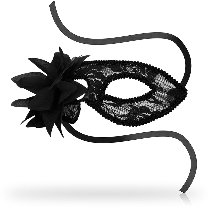 Close-up da Máscara Veneziana de Renda Preta com Flor OHMAMA, destacando o design elegante e os detalhes florais.