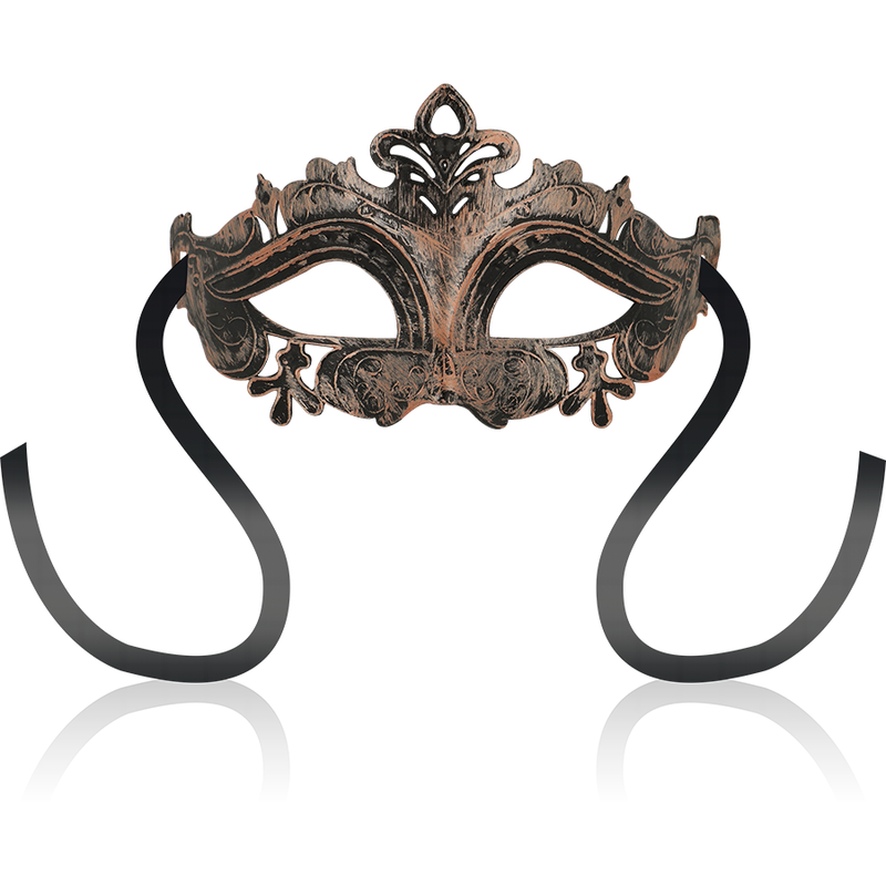 Máscara OHMAMA estilo veneziano na cor cobre com detalhes intrincados, alças ajustáveis para um ajuste confortável.