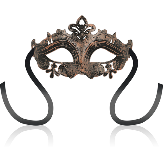 Máscara OHMAMA estilo veneziano na cor cobre com detalhes intrincados, alças ajustáveis para um ajuste confortável.