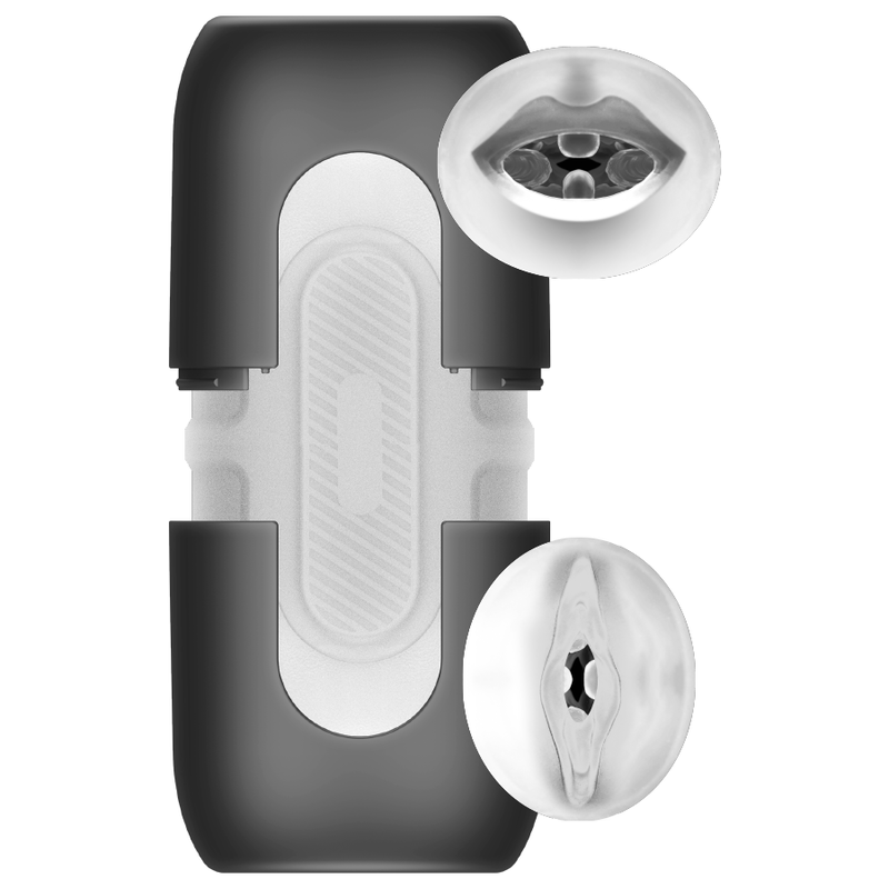 Jamyjob Masturbador Masculino Duplo Turbo com entradas para boca e vagina, mostrando o material realista e textura.