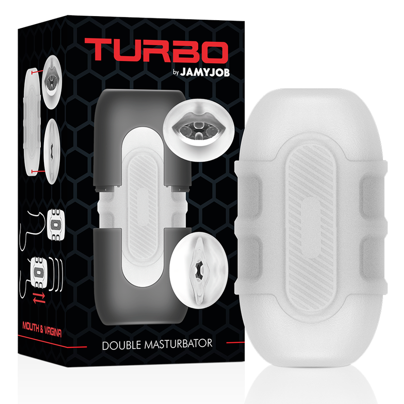 Jamyjob Masturbador Masculino Duplo Turbo com entradas para boca e vagina, mostrando o material realista e textura.