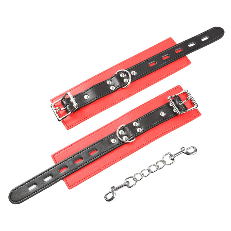 Algemas de Pulso Fetiche OHMAMA em vermelho e preto com corrente de metal e fivela ajustável, prontas para jogos de contenção.
