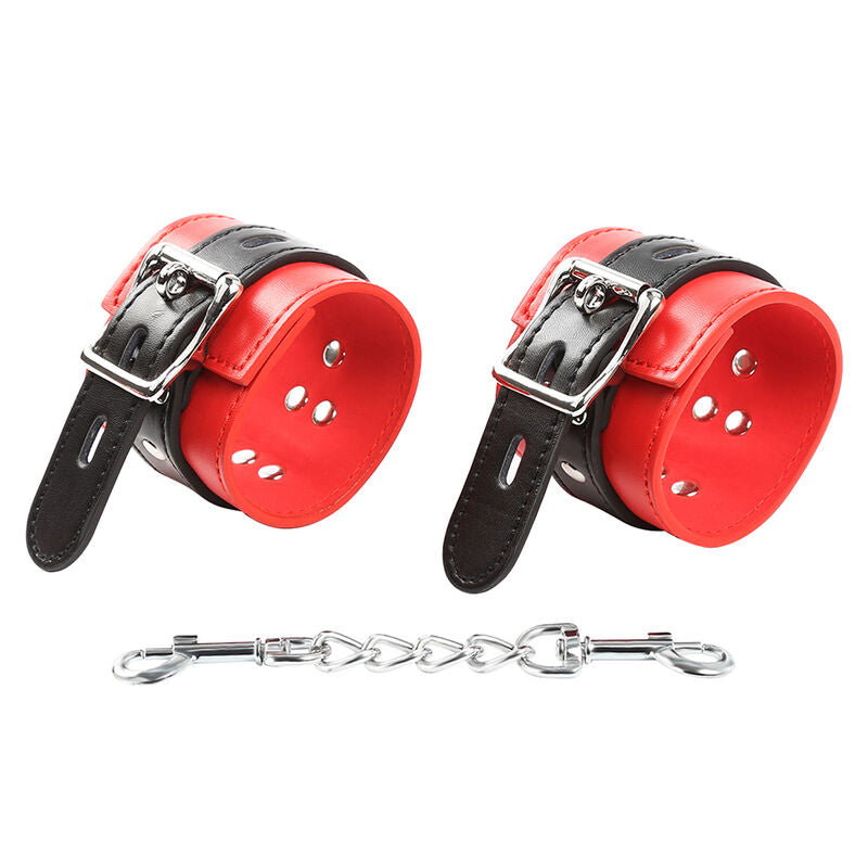 Algemas de Pulso Fetiche OHMAMA em vermelho e preto com corrente de metal e fivela ajustável, prontas para jogos de contenção.