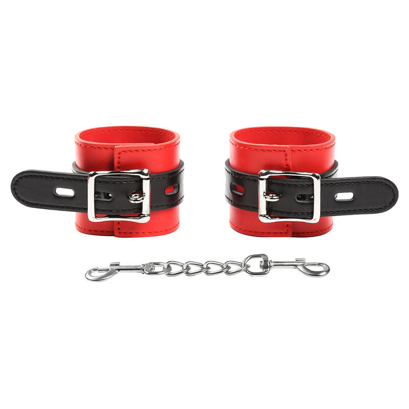 Algemas de Pulso Fetiche OHMAMA em vermelho e preto com corrente de metal e fivela ajustável, prontas para jogos de contenção.