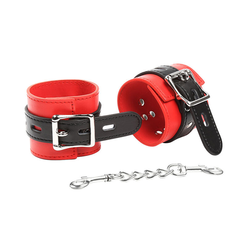 Algemas de Pulso Fetiche OHMAMA em vermelho e preto com corrente de metal e fivela ajustável, prontas para jogos de contenção.