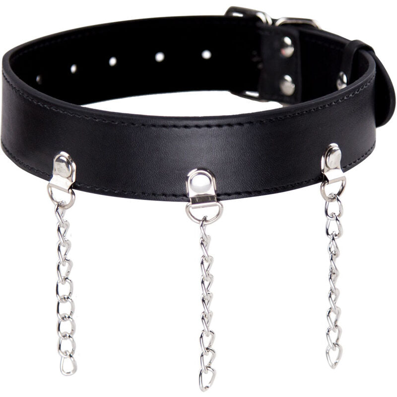Colar Fetiche Ohmama com anéis e corrente ajustável para BDSM e jogos de sedução.