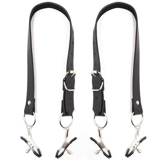 Ohmama Fetish Grampos de Clitóris com Alças de Pernas, detalhe do material PVC e ferro.