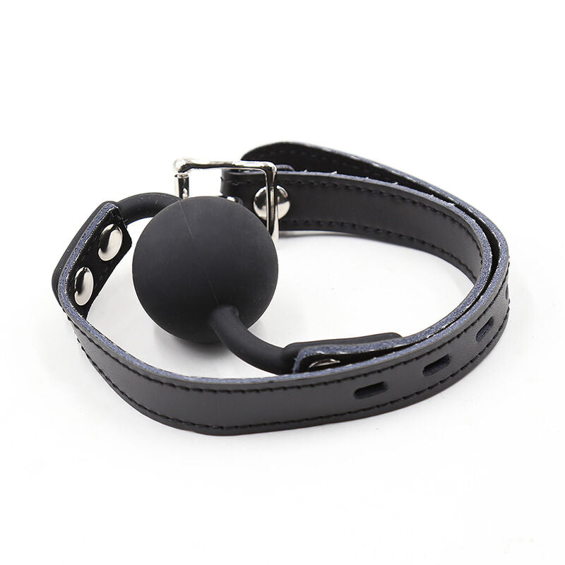 Ohmama Fetish Gag de Bola de Silicone com Cinto de Couro e Cadeado, mostrando a bola de silicone preta e o cinto de couro ajustável.