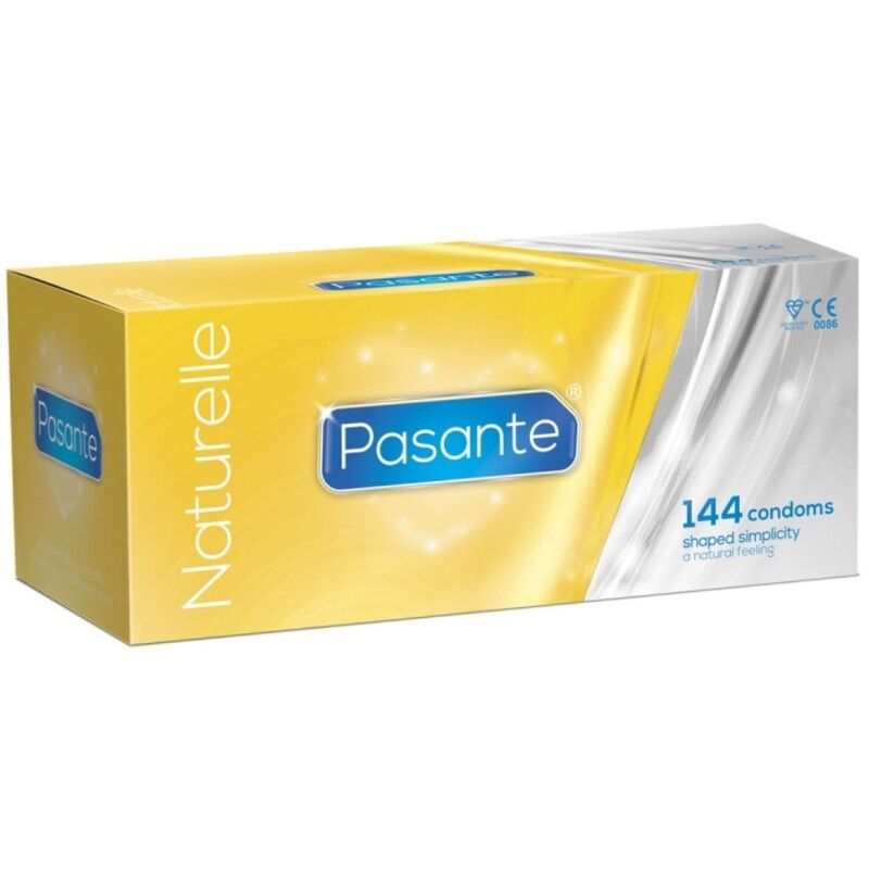 Close-up of the PASANTE Preservativo Naturelle showing the natural color and cônico shape.