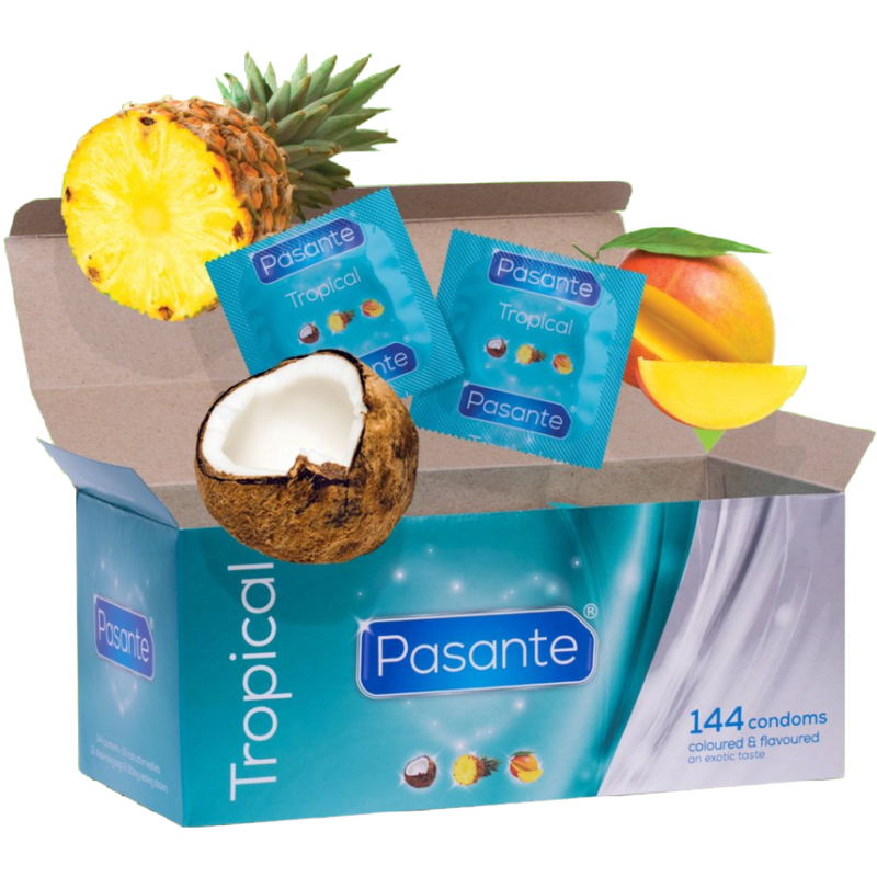 Close-up of the 'PASANTE Preservativos Sabores Tropicais 144 Unidades' showing the packaging and different fruit flavors.