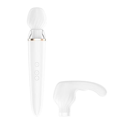 Satisfyer Double Wand-er branco, massageador com app e duas cabeças intercambiáveis para prazer versátil.