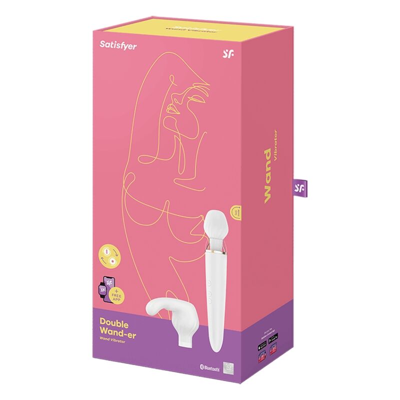 Satisfyer Double Wand-er branco, massageador com app e duas cabeças intercambiáveis para prazer versátil.