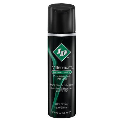 Close-up do ID MILLENIUM Lubrificante Silicone Longa Duração 65ml, destacando sua embalagem e textura.