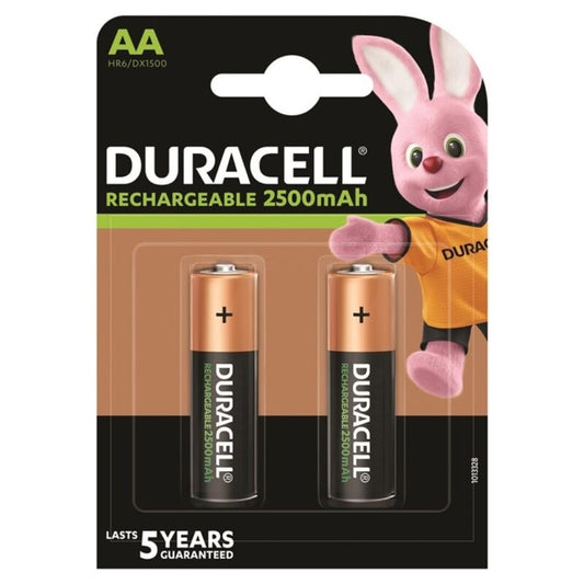 Pack de 2 pilhas recarregáveis Duracell AA 2500mAh para dispositivos eletrónicos e brinquedos.