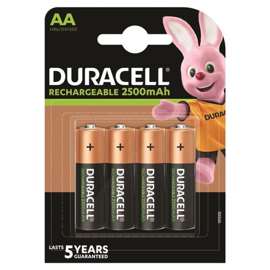 Pack de 4 baterias recarregáveis Duracell HR6 AA 2500mAh para dispositivos eletrónicos.