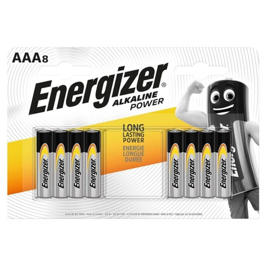 Embalagem de 8 pilhas alcalinas ENERGIZER AAA LR03, prontas para uso em dispositivos eletrónicos.