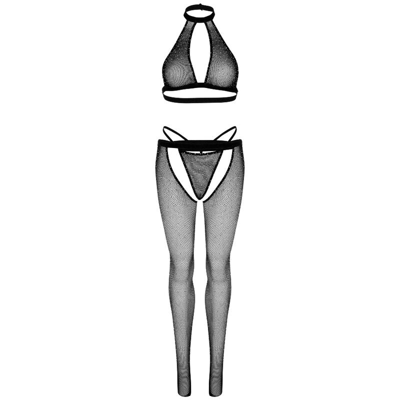 Conjunto de lingerie LEG AVENUE 3 peças arrastão com strass, top, fio dental e meia-calça sem virilha.