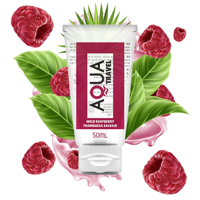 Aqua Travel Lubrificante à Base de Água Sabor Framboesa Selvagem 50ml em embalagem compacta, ideal para viagens.