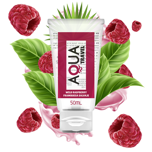 Aqua Travel Lubrificante à Base de Água Sabor Framboesa Selvagem 50ml em embalagem compacta, ideal para viagens.