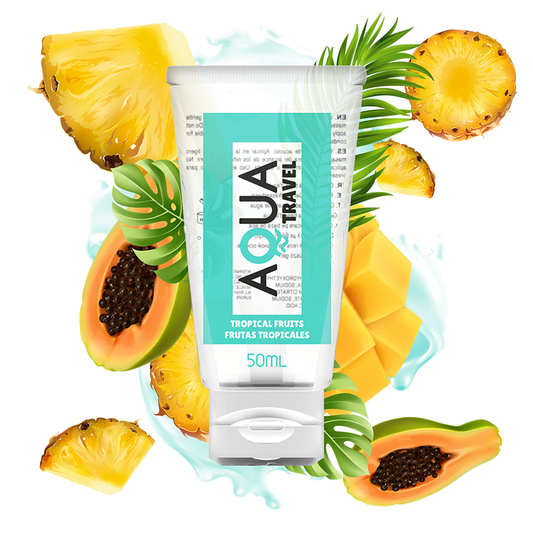 Frasco de Lubrificante Aqua Travel Base Água com Sabor a Frutas Tropicais 50ml.