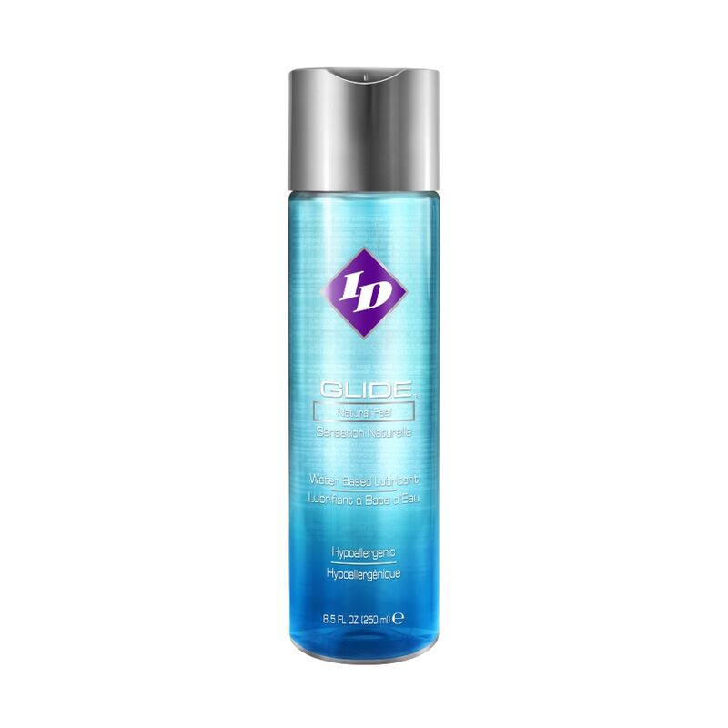 Frasco de ID Lubrificante Íntimo Glide 250 ML, à base de água para conforto e prazer.